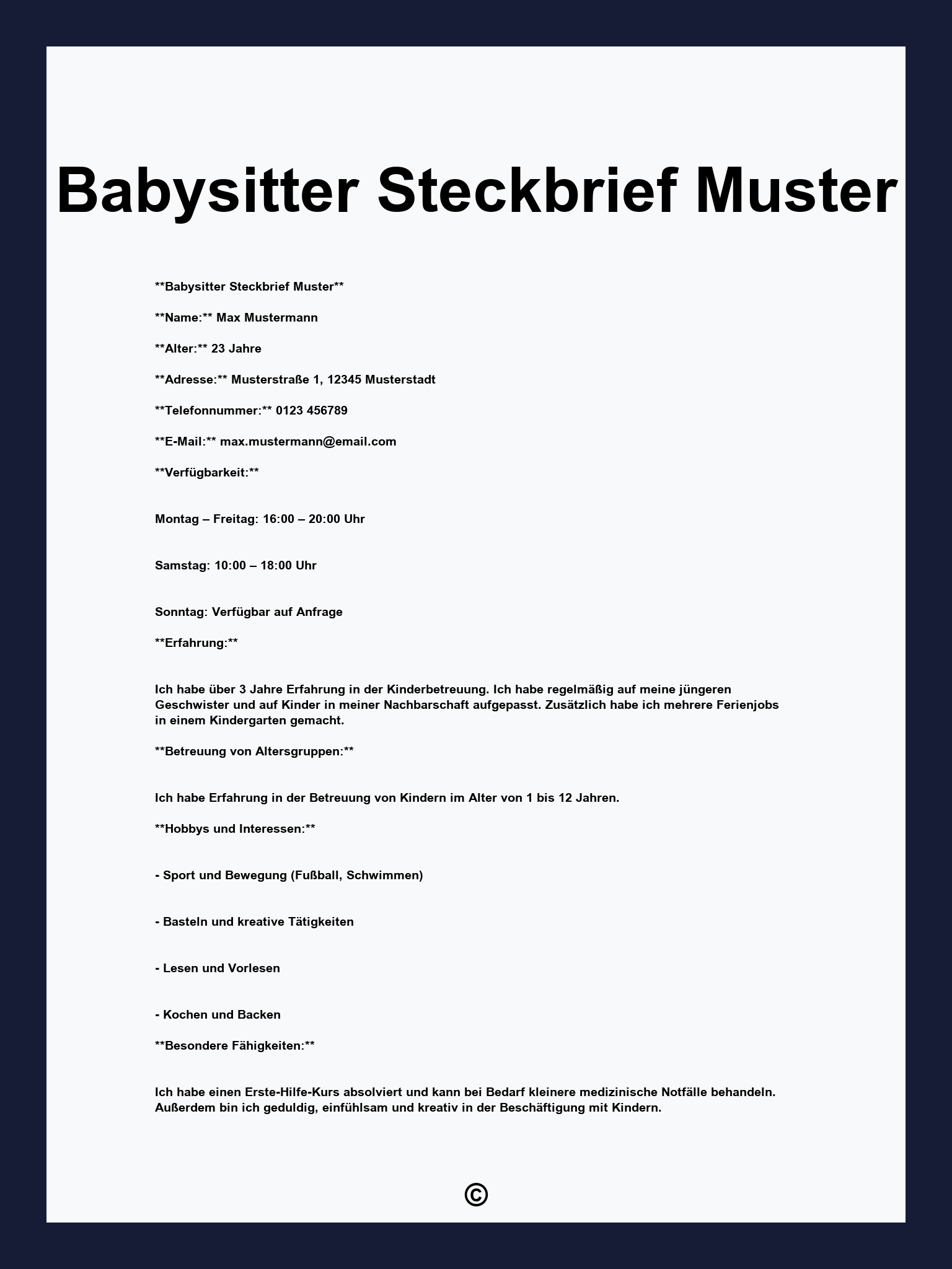 Babysitter Steckbrief Muster