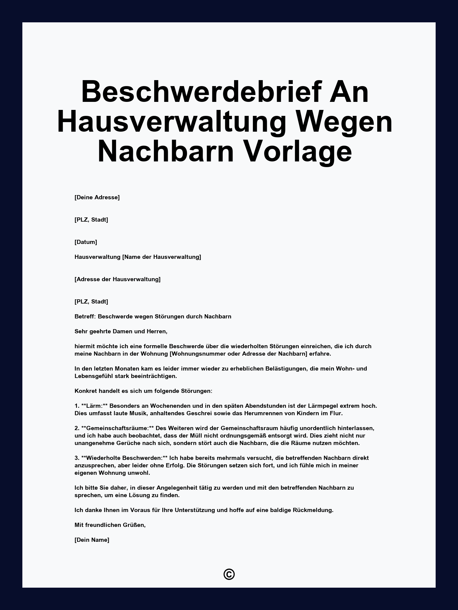 Beschwerdebrief An Hausverwaltung Wegen Nachbarn Vorlage