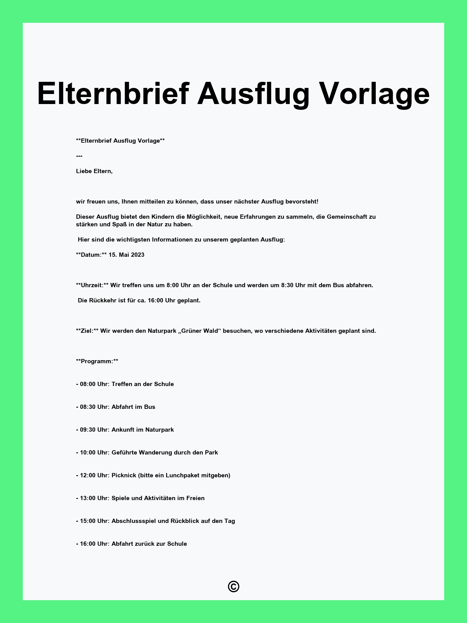 Elternbrief Ausflug Vorlage