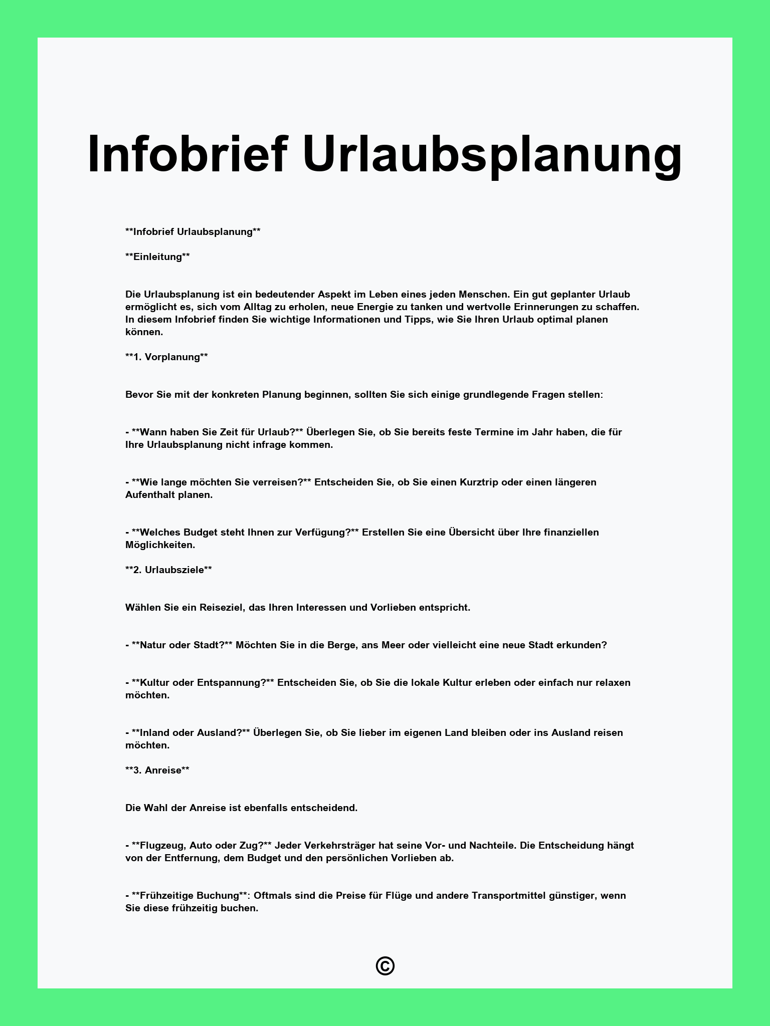 Infobrief Urlaubsplanung