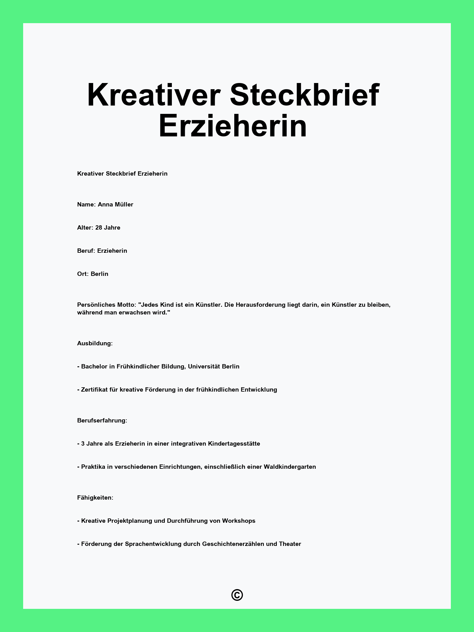 Kreativer Steckbrief Erzieherin