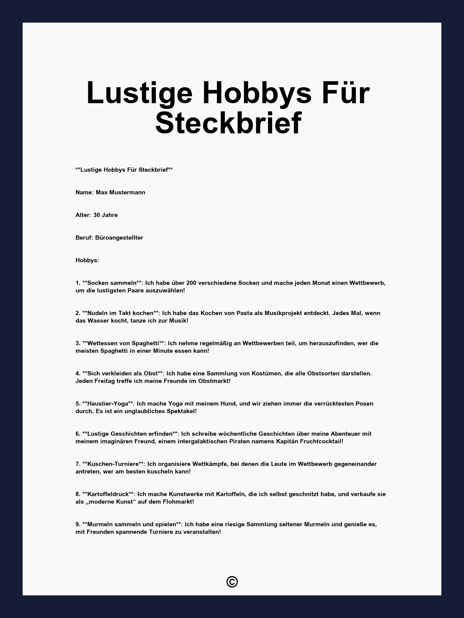 Lustige Hobbys Für Steckbrief