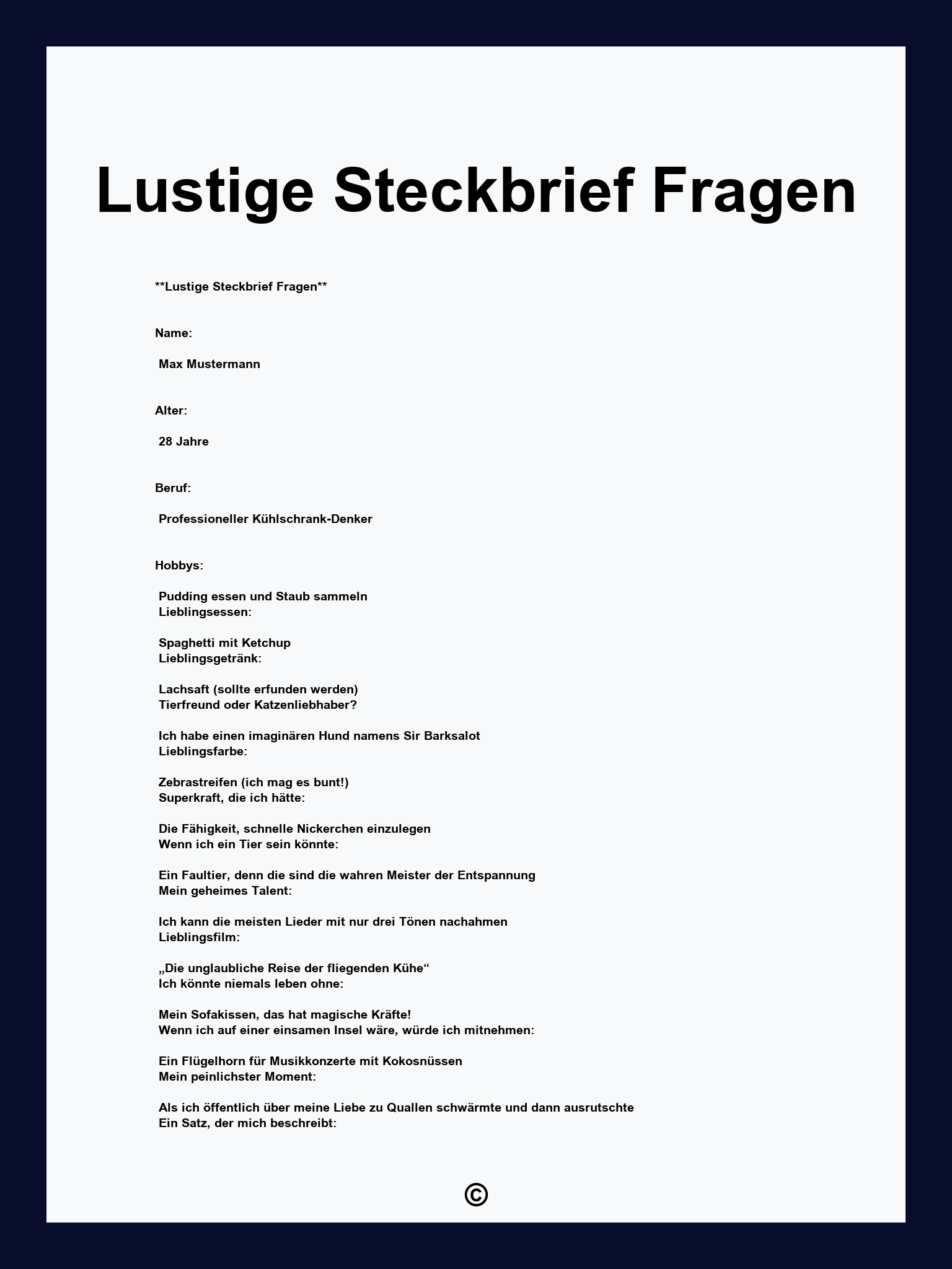 Lustige Steckbrief Fragen