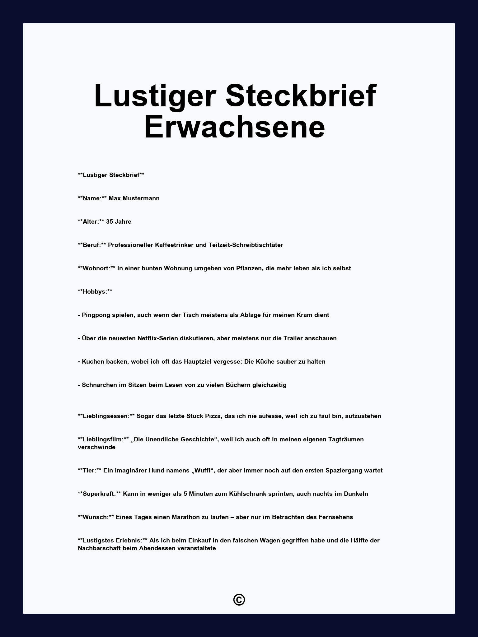 Lustiger Steckbrief Erwachsene