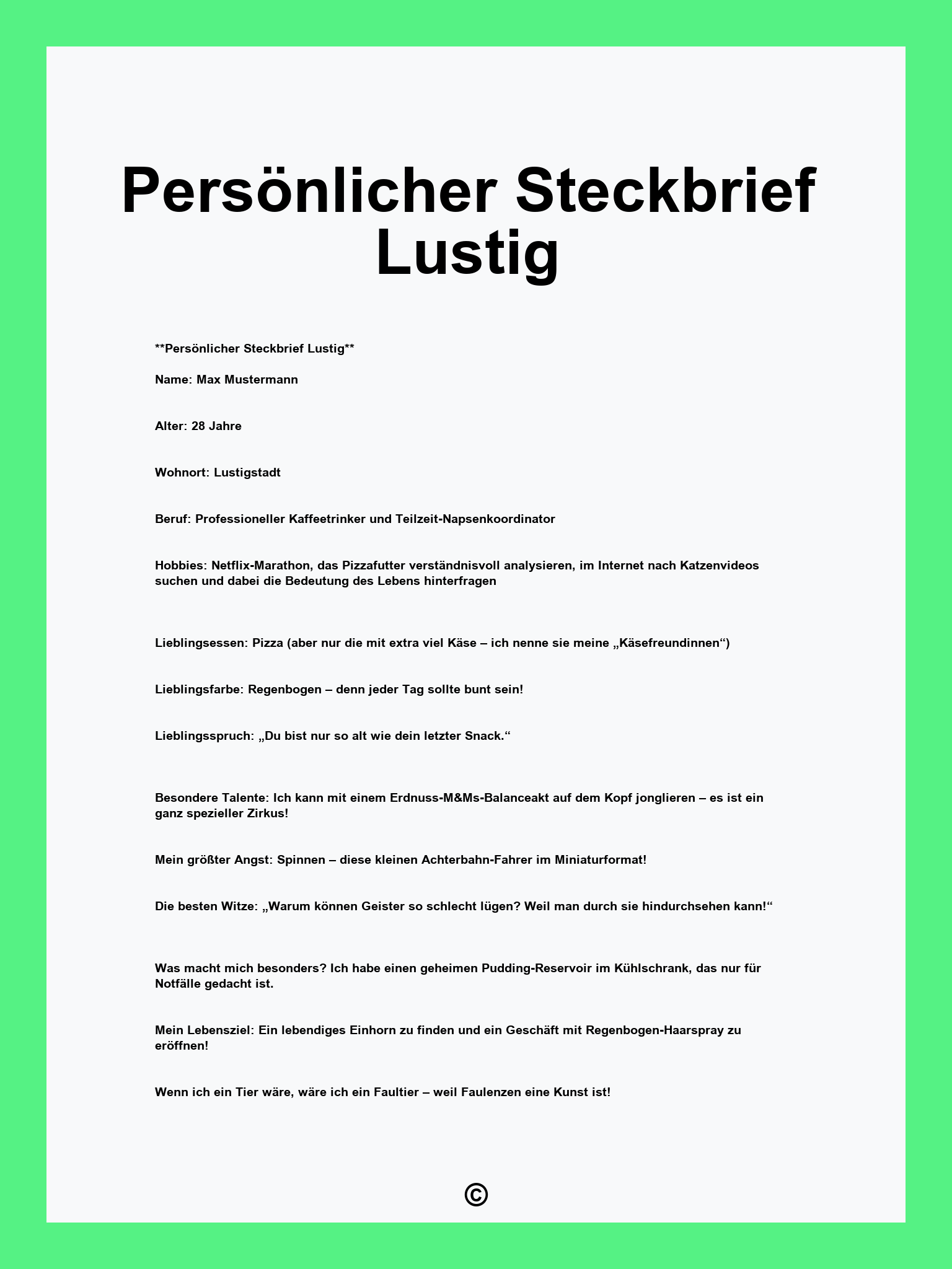Persönlicher Steckbrief Lustig