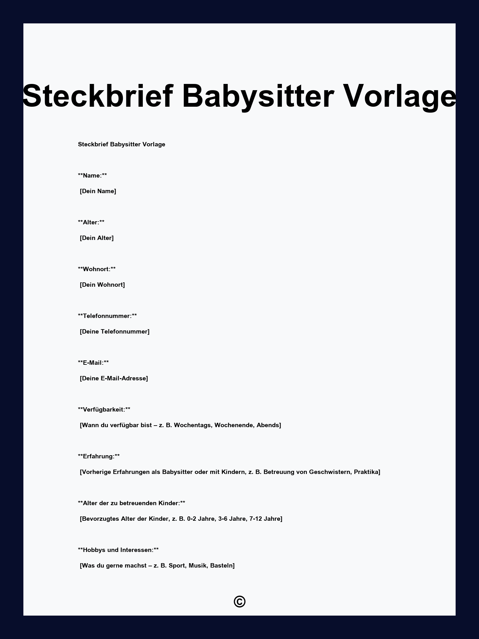 Steckbrief Babysitter Vorlage