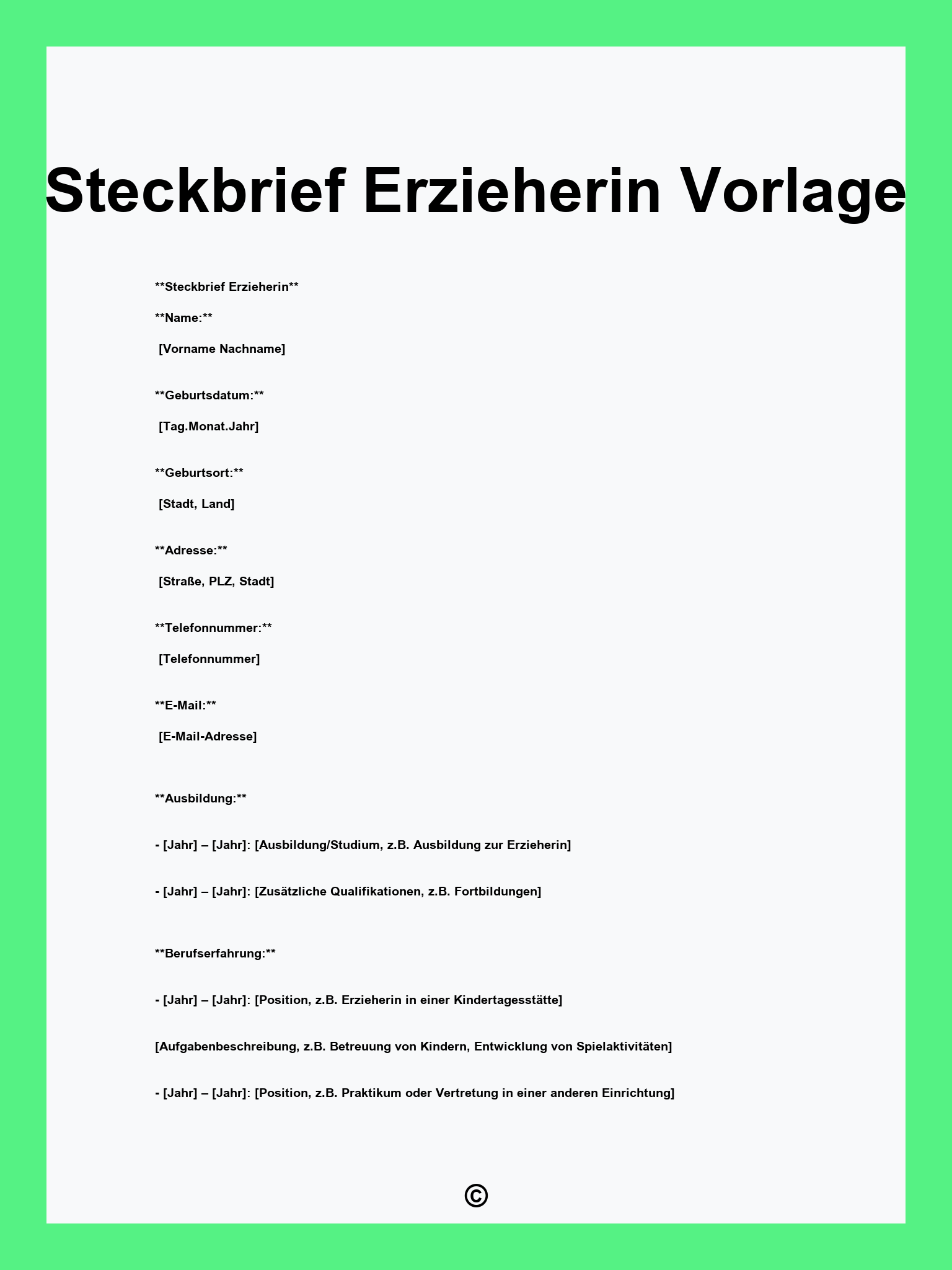 Steckbrief Erzieherin Vorlage