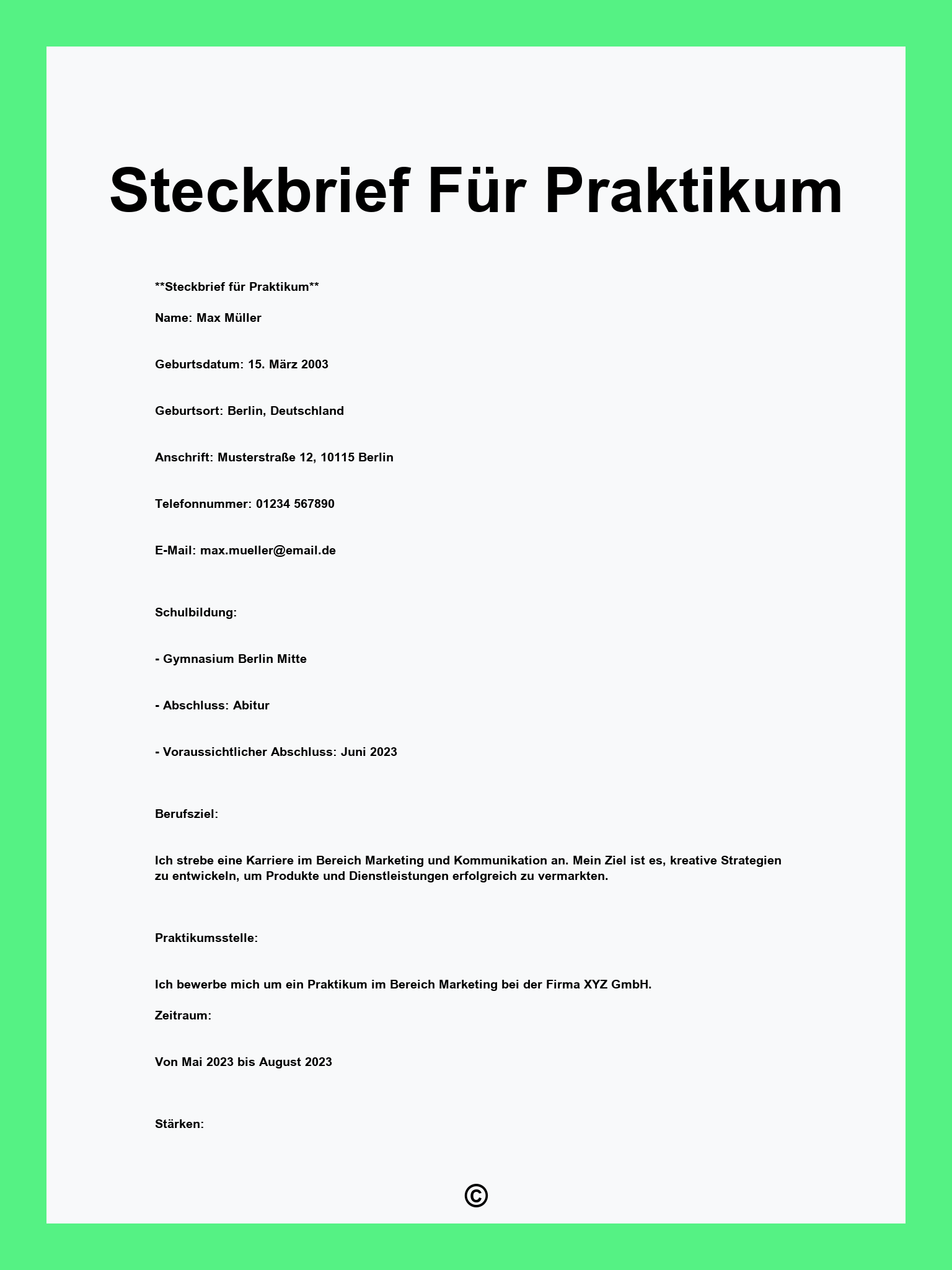 Steckbrief Für Praktikum