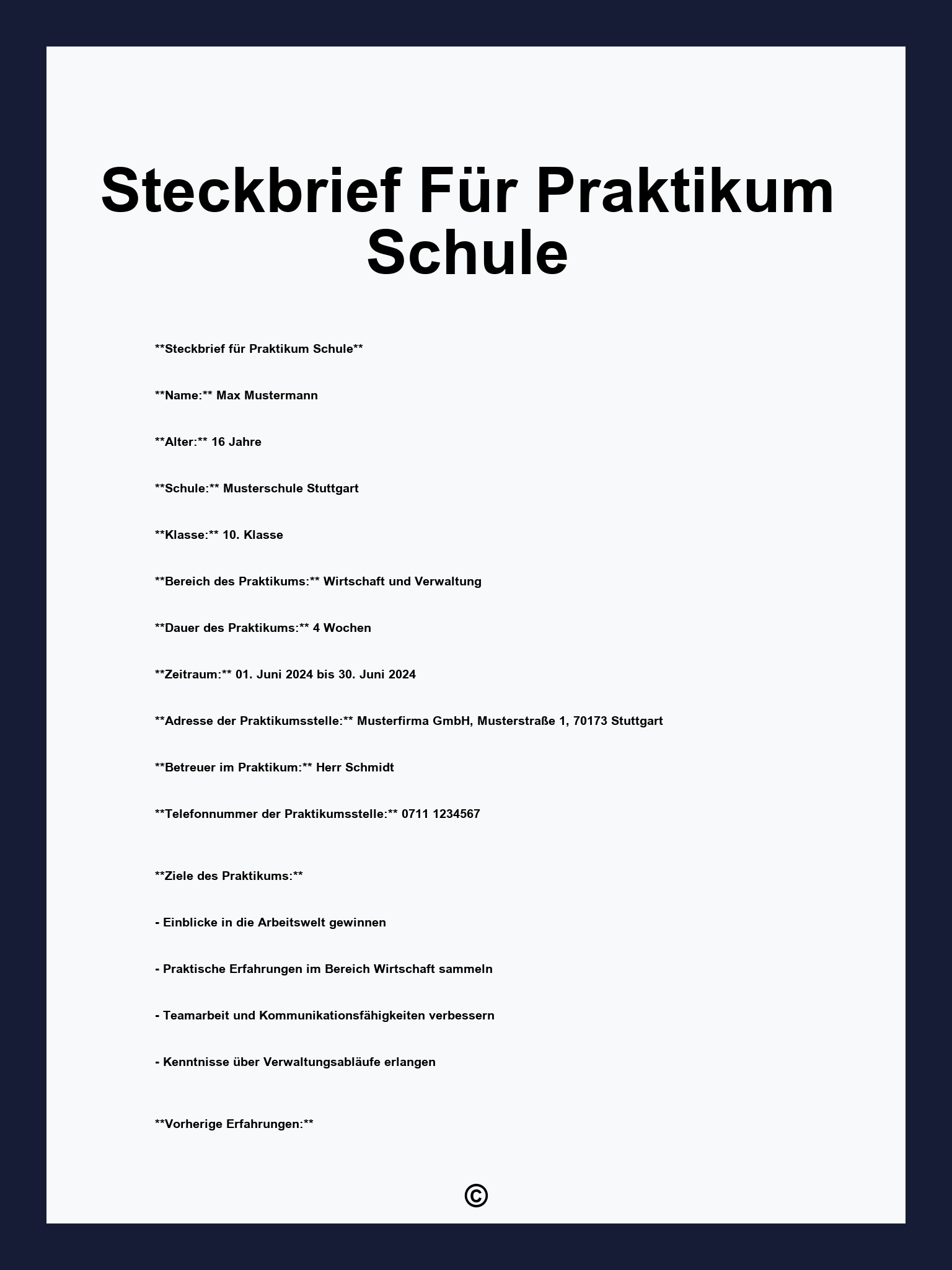 Steckbrief Für Praktikum Schule
