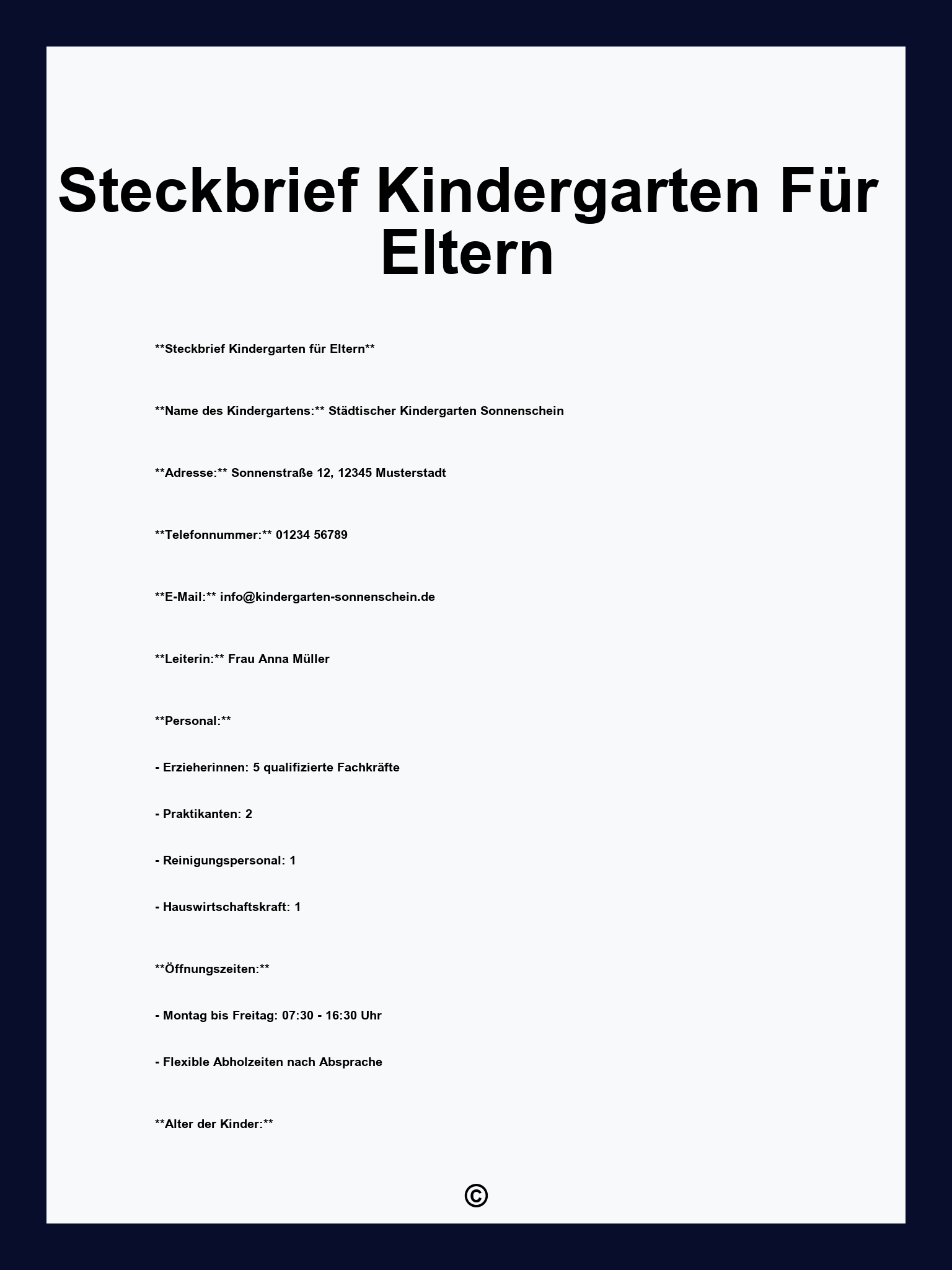 Steckbrief Kindergarten Für Eltern