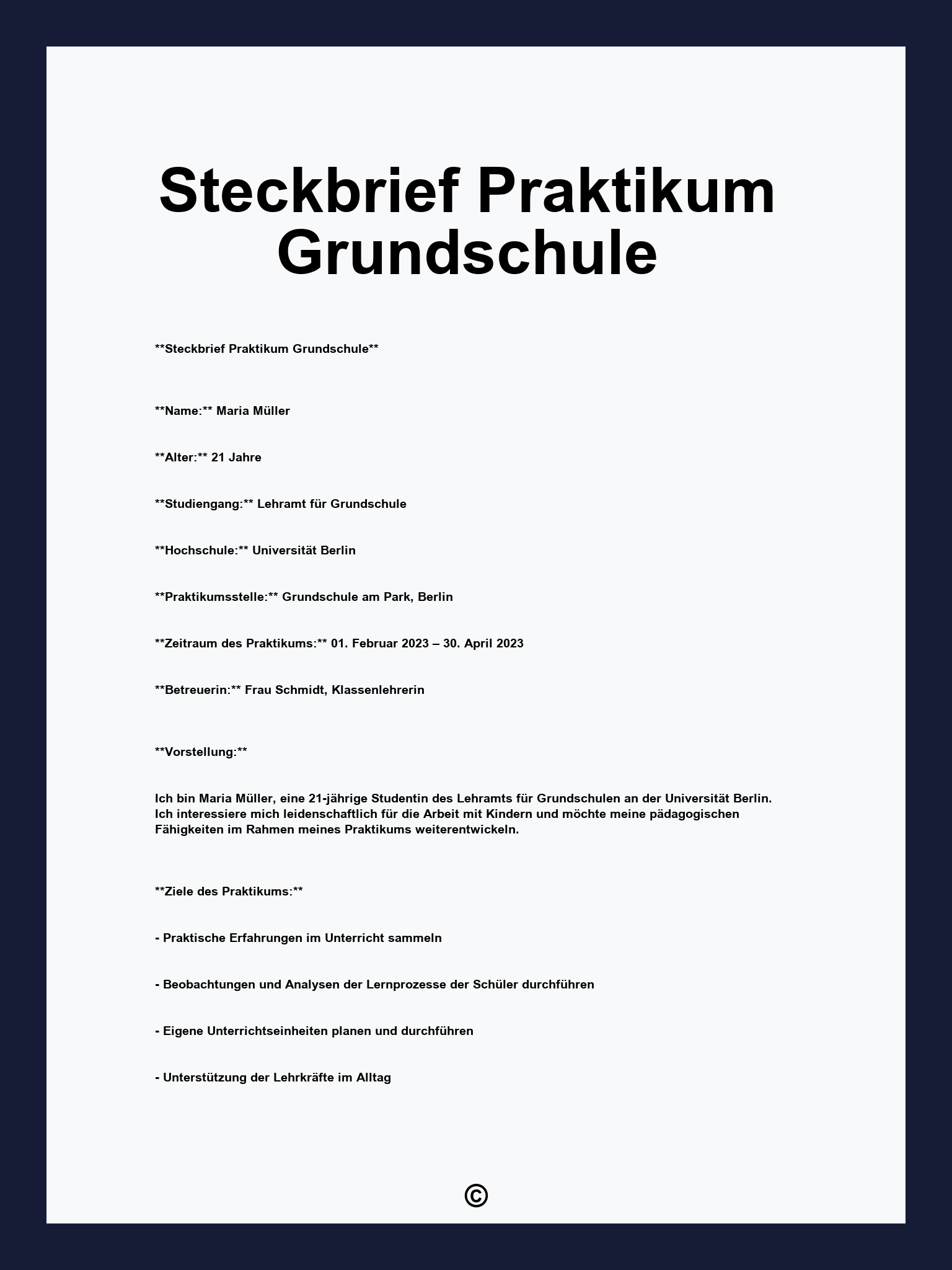 Steckbrief Praktikum Grundschule