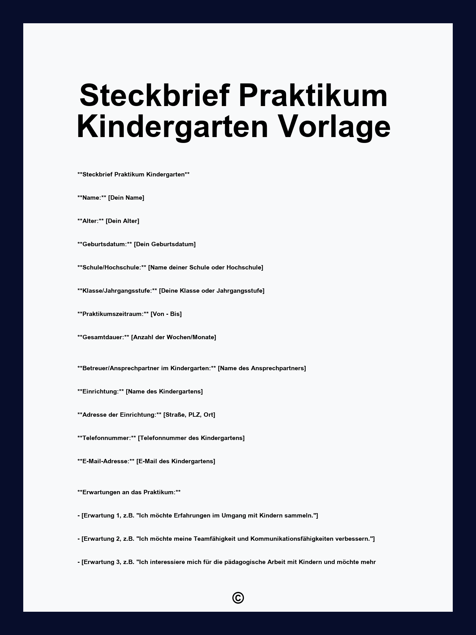 Steckbrief Praktikum Kindergarten Vorlage