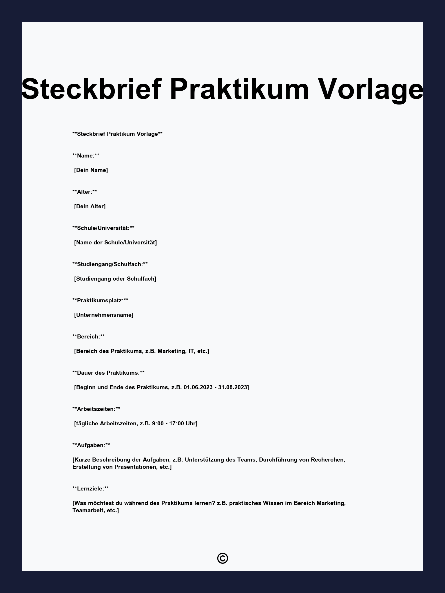 Steckbrief Praktikum Vorlage