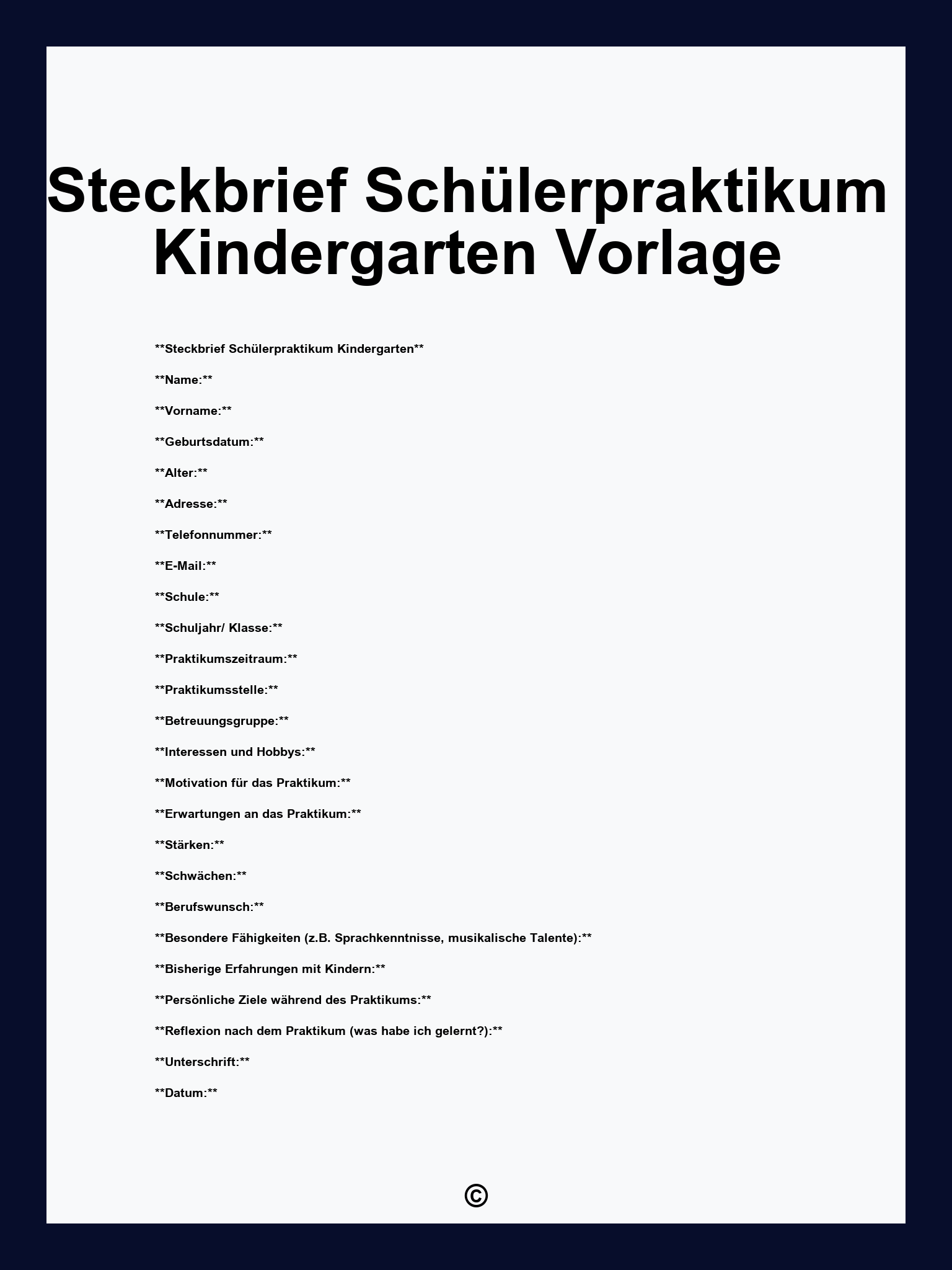 Steckbrief Schülerpraktikum Kindergarten Vorlage